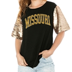Black with Tan/White Sequin Sleeves Missouri Distressed Top