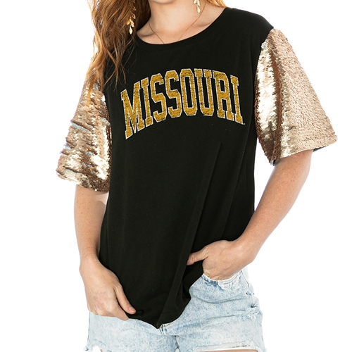 Black with Tan/White Sequin Sleeves Missouri Distressed Top
