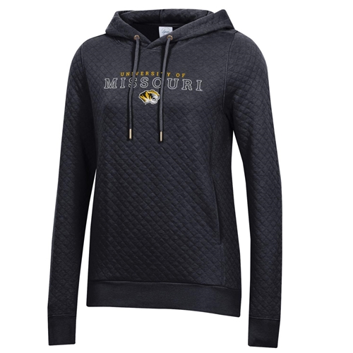 Black Quilted Relaxed Hooded Sweatshirt University of Missouri Tigerhead Full Chest Embroidery