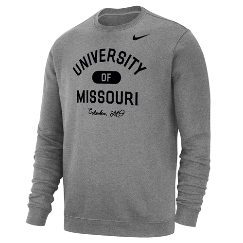 Oxford Grey Nike® Crew Sweatshirt University of Missouri Columbia MO Full Chest Screenprint