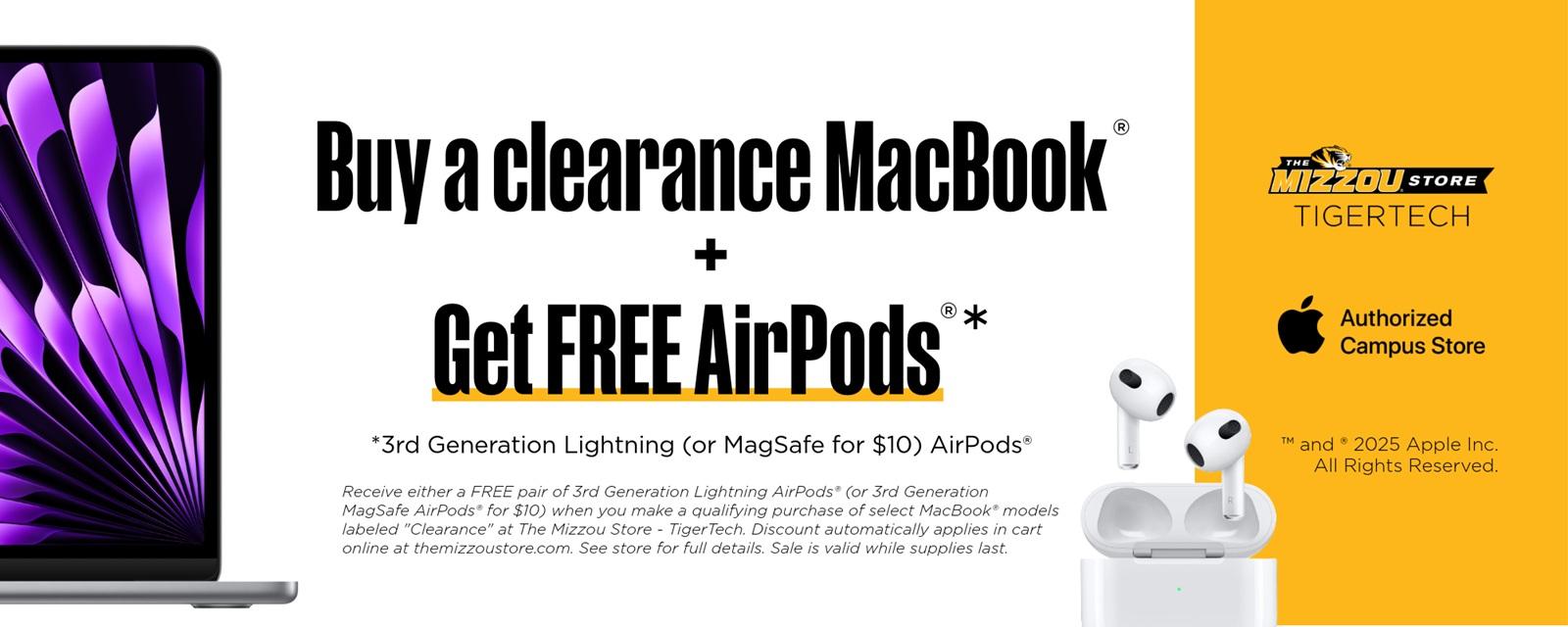 Promotional banner from The Mizzou Store TigerTech showing a clearance MacBook offer with free 3rd Generation AirPods. Includes Apple and Mizzou Store logos, AirPods image, and “Buy a clearance MacBook + Get FREE AirPods” text in bold. See store for more details.