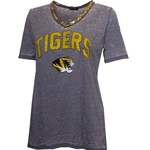 Mizzou Tigers Tiger Head Sequin Women's  Grey V-Neck Shirt
