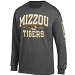 Charcoal Grey Longsleeve Champions® Tee with Mizzou Tigers Tigerhead est. 1839 full chest with Missouri Tigers on sleeve print
