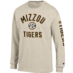 Gray Champion® Longsleeve Tee Mizzou Tigers SEC with Tigerhead and Tigers on sleeve print
