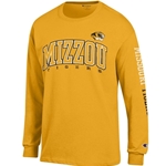 Gold Long Sleeve Champion® Mizzou Tigers Full Chest Tigerhead Left Chest with Missouri Tigers on Sleeve