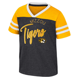 Toddler Summer V-Neck Tee Striped Sleeves Full Chest Tigerhead Mizzou Tigers Gold Foil Print