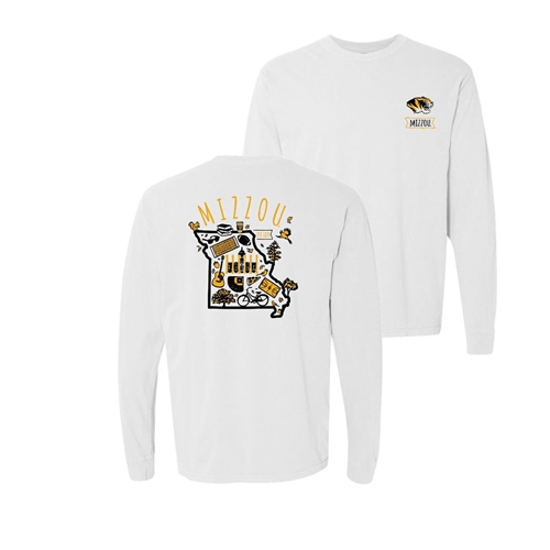 White Long Sleeve Tee with Mizzou Tiger Head Front Left Pocket/ Missouri State Design with Symbols Full Back