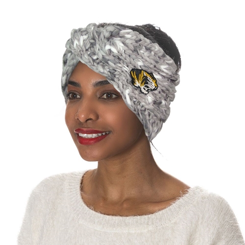 Grey Marled Cable Knit Mizzou Beanie Tiger Head Embroidery