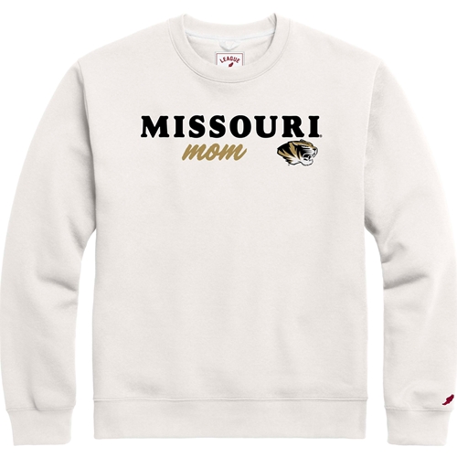 White Crew Sweatshirt Missouri Mom Script in Metallic Gold Athletic Tigerhead