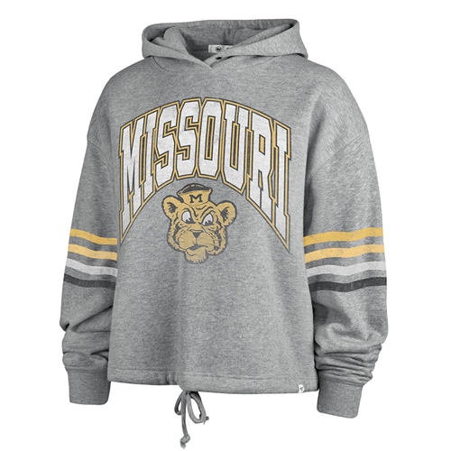 Grey Vintage Distressed Full Chest Missouri Cartoon Striped Longsleeve Hooded Sweatshirt with Drawstring
