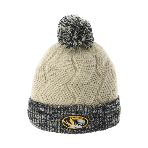 Women’s Cable Knit Cuffed Beanie with Oval Tigerhead and Pom