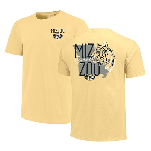 Yellow T-Shirt Left Chest Mizzou Oval Tigerhead Full Back Mizzou State Screenprint