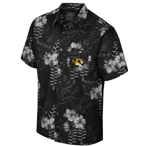 Black/Grey Floral Button Up Tigerhead Embroidery Pocket Short Sleeve