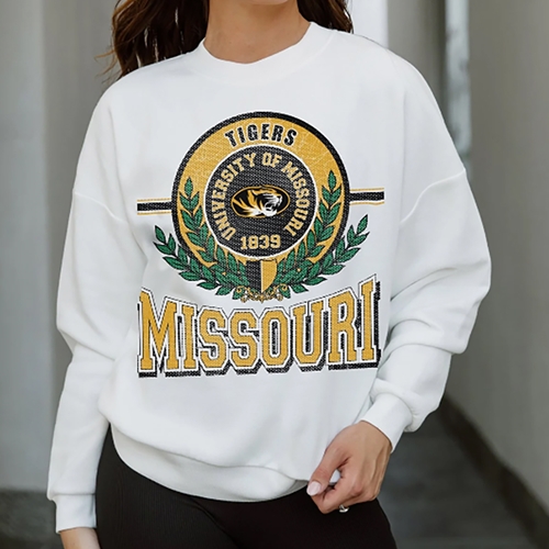White Missouri Gameday Couture Sweatshirt Hot Shot Circle with Laurels