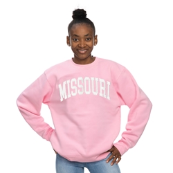 Pink Arched Missouri Junior Sport Fleece Crew White Faux Suede Text