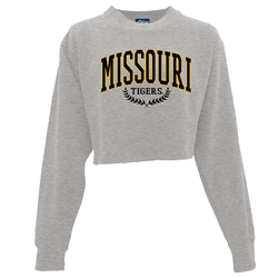 Grey Juniors Raw Edge Cropped Sweatshirt Missouri Tigers Full Chest Screenprint