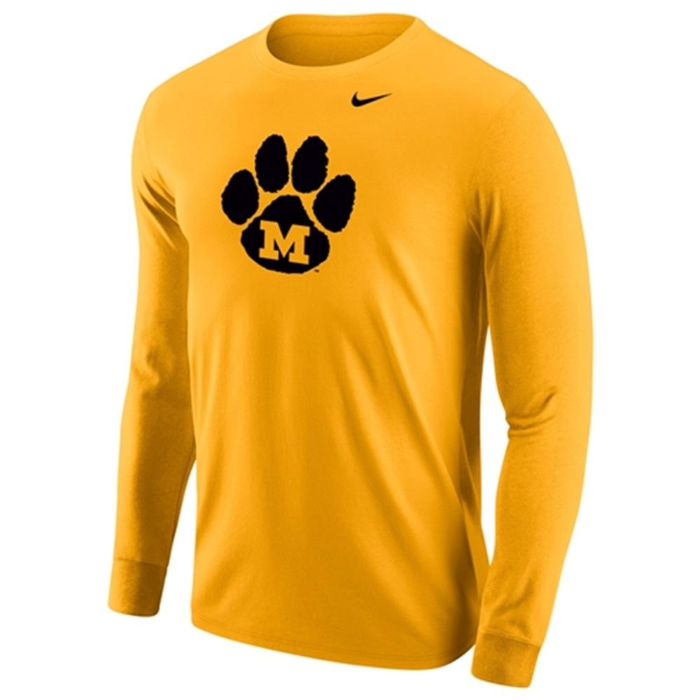 Gold Nike™ Long-Sleeve Pawprint Block M Screenprint | The Mizzou Store
