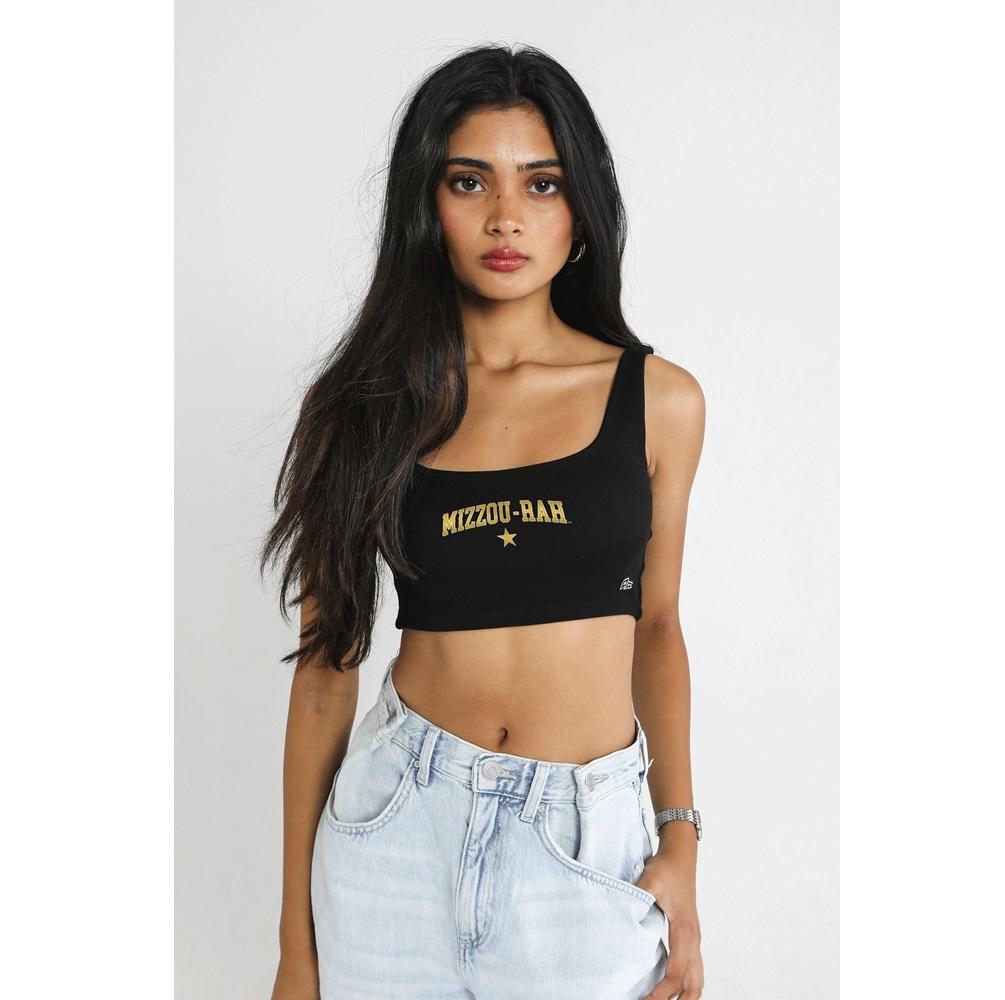 Black Mizzou-Rah Gold Star Scoop Neck Crop Tank Top | The Mizzou Store