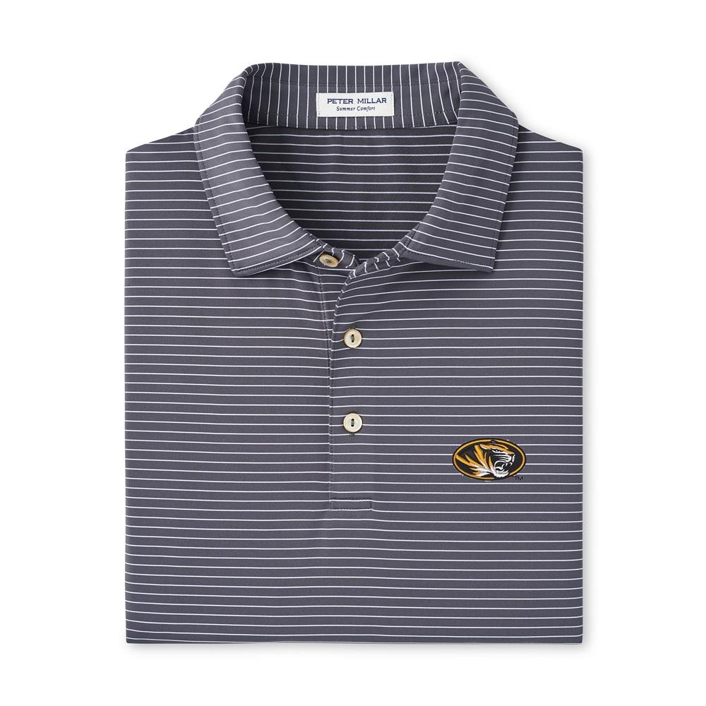 Dark Grey Striped Peter Millar Oval Tiger Head Polo | The Mizzou Store