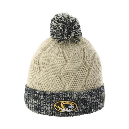Cream and Black Oval Tiger Head Pom Pom Cuff Cable Knit Beanie