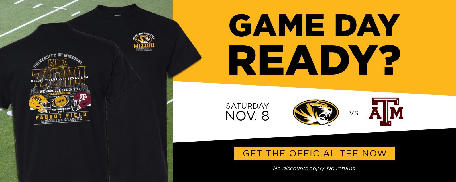 Promotional banner for the Mizzou vs. Texas A&M football game on Saturday, November 8, 2025, at Faurot Field. Includes two black T-shirts with game graphics, Mizzou and Texas A&M logos, and the message “Game Day Ready?” with a call-to-action button: Get the Official Tee Now.