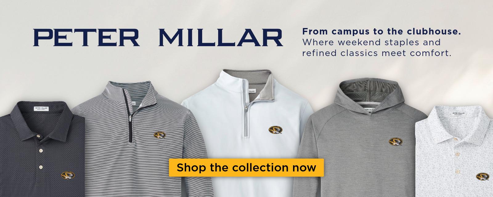 Peter Millar banner showing five men’s Mizzou shirts. Text reads: 'From campus to the clubhouse. Where weekend staples and refined classics meet comfort.' Button: 'Shop the collection now.'
